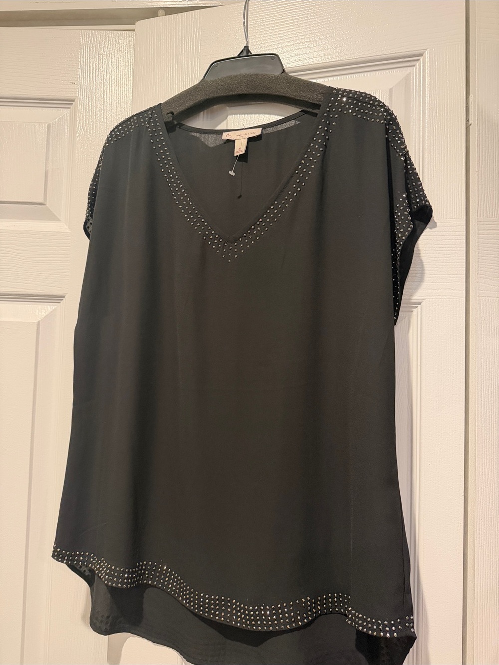 Studded V-Neck Black Women's Top